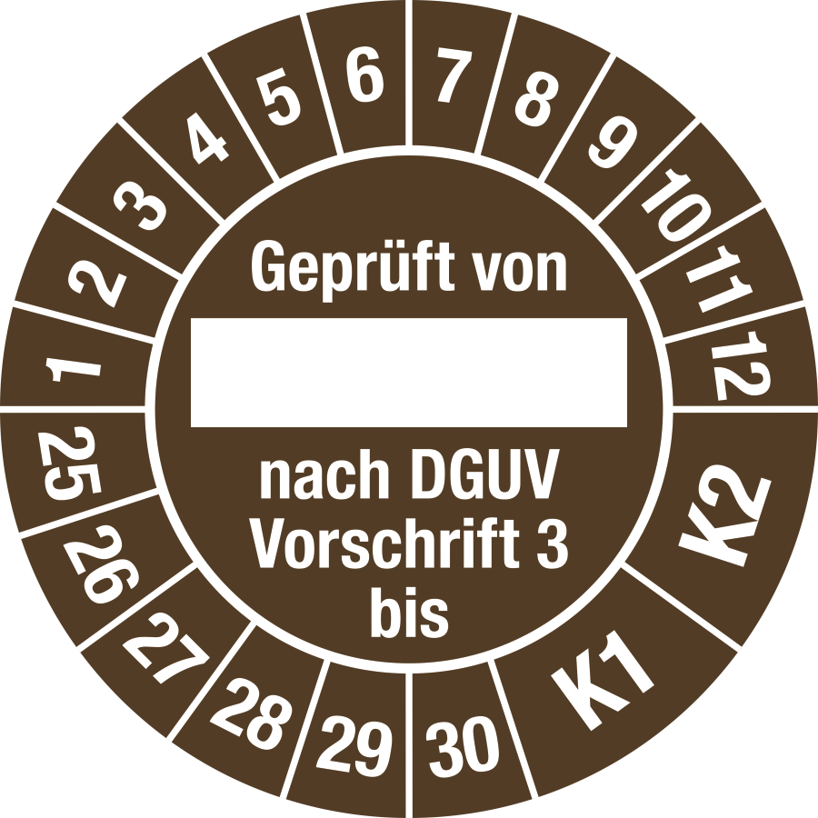Prüfplakette Geprüft von nach DGUV Vorschrift 3 bis K1/K2. 2025 - 2030, Ø 30 mm, Dokumentenfolie