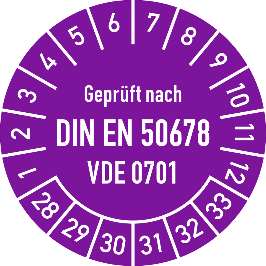 Prüfplakette Geprüft nach DIN EN 50678 - VDE 0701 2028–2033, Folie, Ø 30 mm