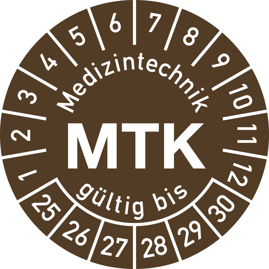 Prüfplakette Medizintechnik MTK 2025–2030, Polyesterfolie, Ø 15 mm