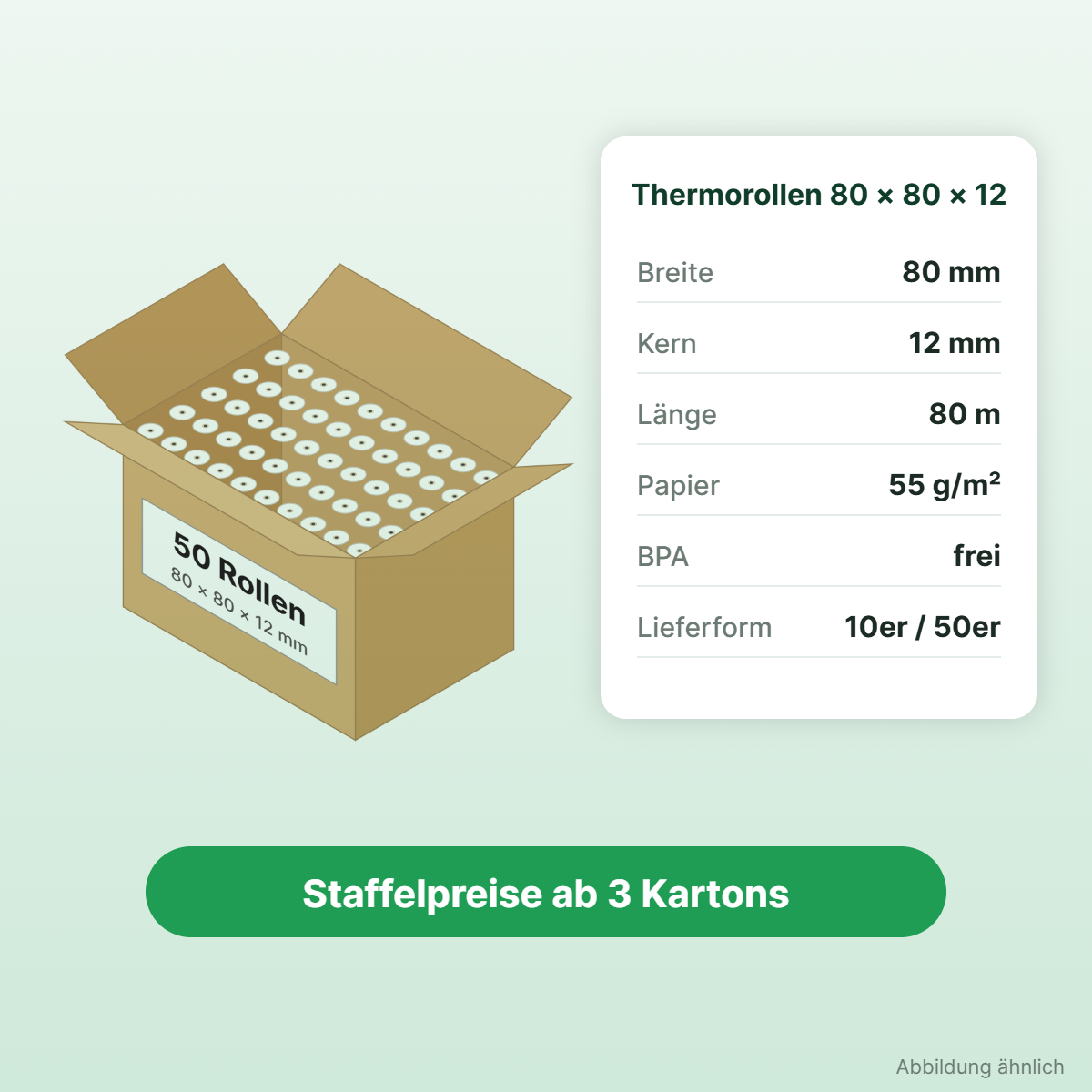 Karton mit 50 Thermorollen 80 × 80 × 12 mm und technische Daten