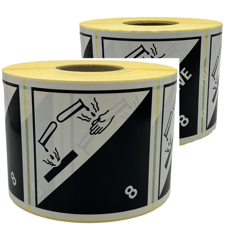 Gefahrgutaufkleber Klasse 8 auf Rolle, 10 x 10 cm – deutsche Fassung und englische Fassung Corrosive