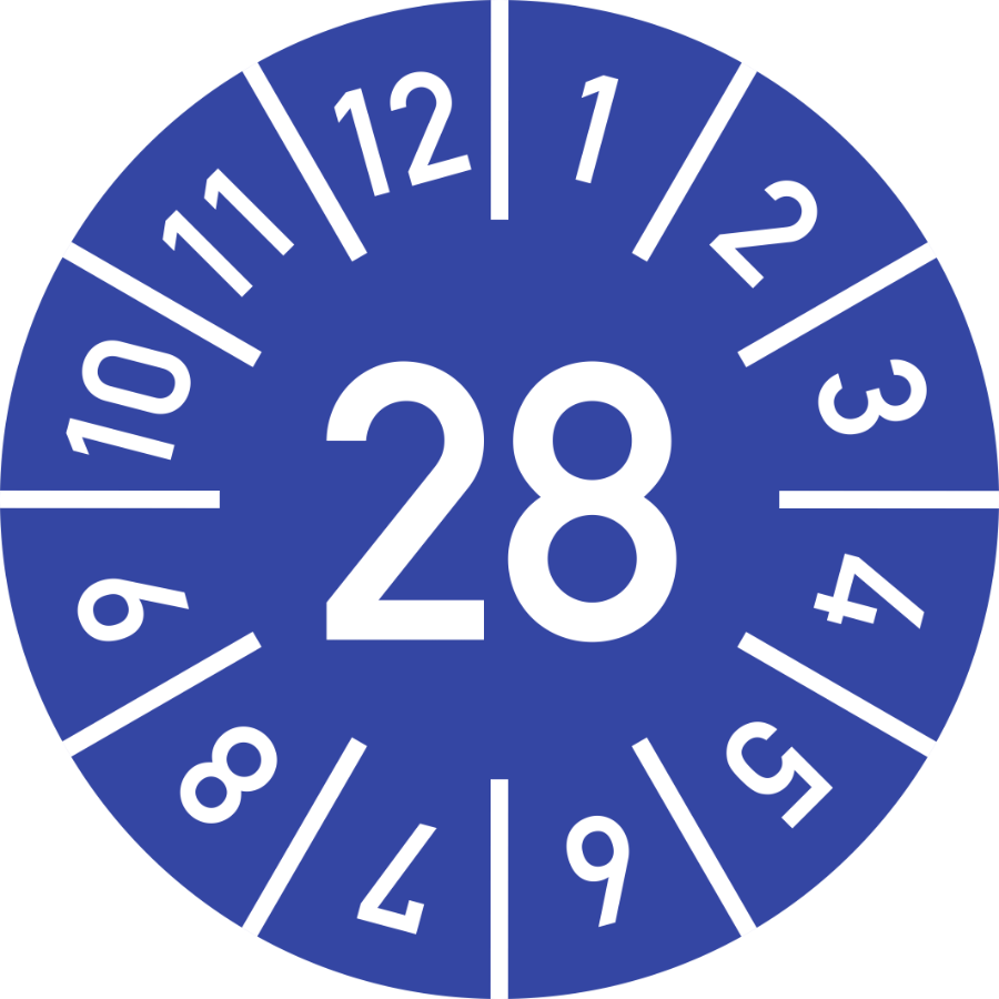 Prüfplakette Jahr 28 mit Monaten - blau, Ø 10 mm, Folie