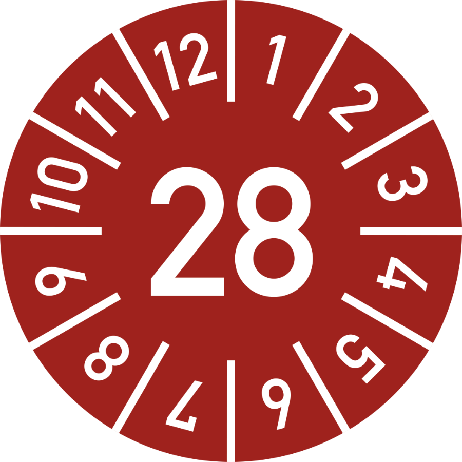 Prüfplakette Jahr 28 mit Monaten - rot, Ø 10 mm, Folie