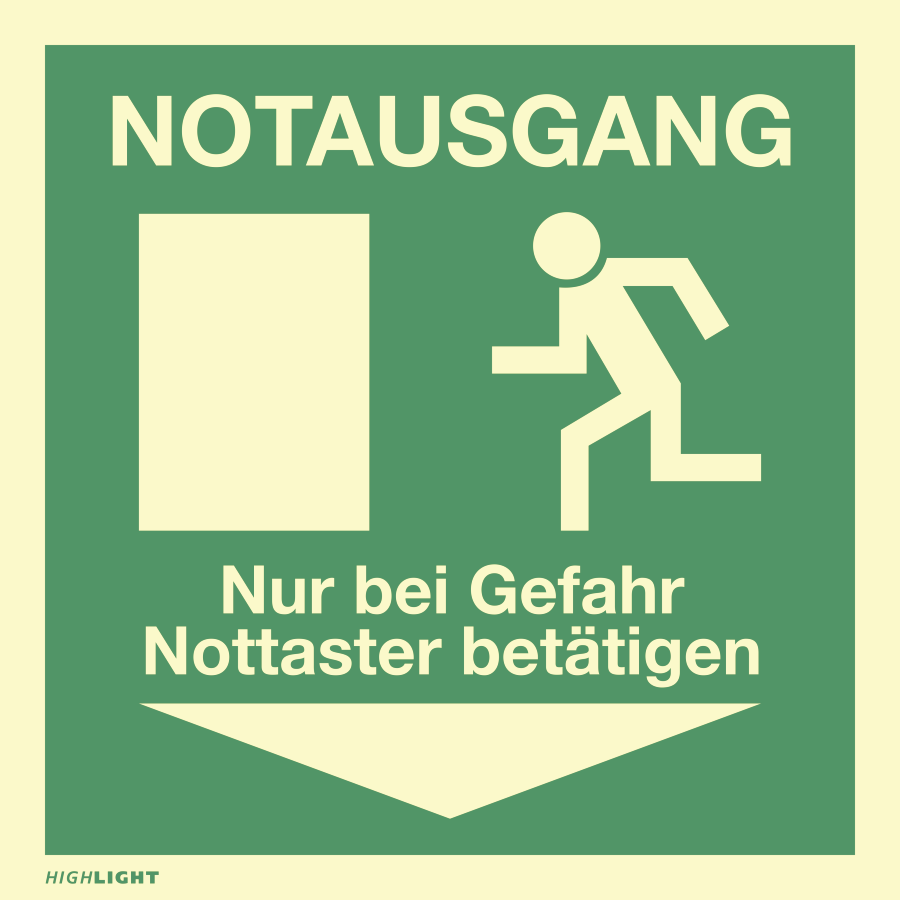 Notausgang Nur bei Gefahr Nottaster betätigen, Rettungszeichen, 148 x 148 mm, Folie selbstklebend