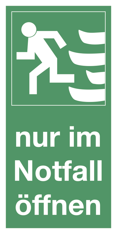 Nur im Notfall öffnen linksweisend (Hochformat), Rettungszeichen