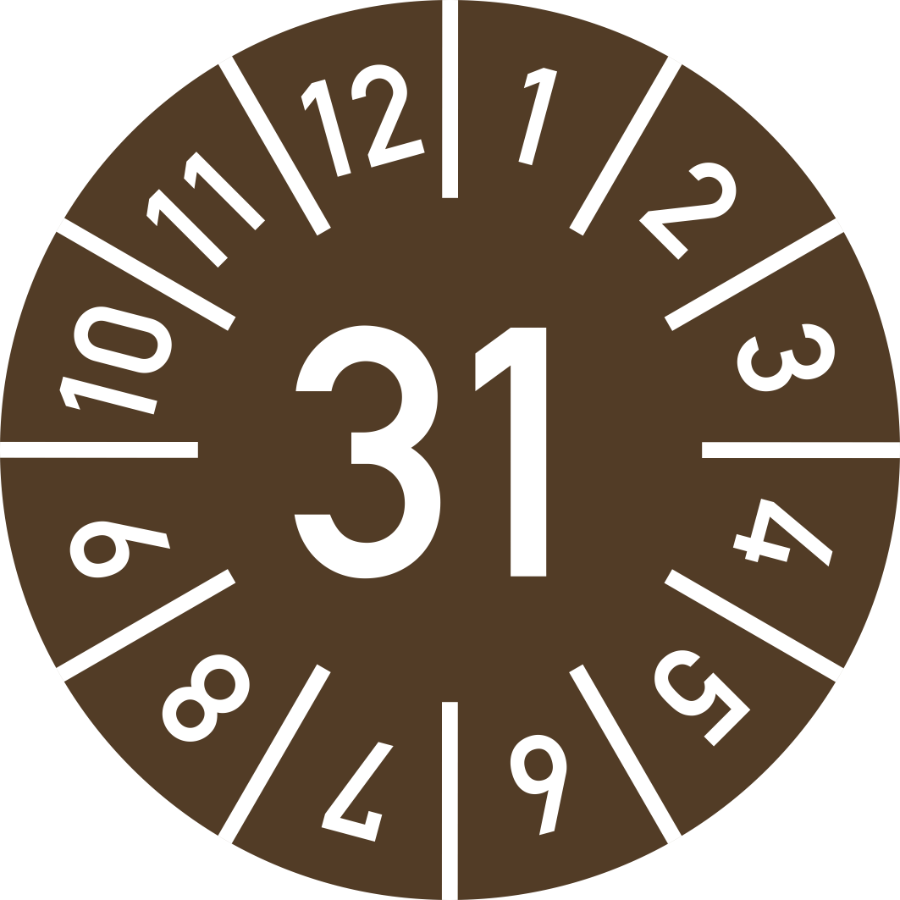 Prüfplakette Jahr 31 mit Monaten - braun, Ø 15 mm, Folie