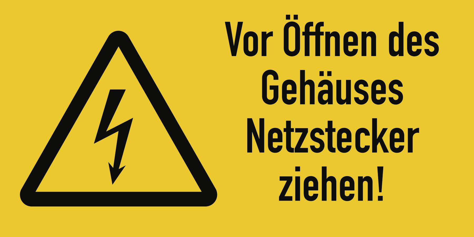 Vor Öffnen des Gehäuses Netzstecker ziehen!, Warnzeichen, ISO 7010, 105x52 mm, Folie, Stück