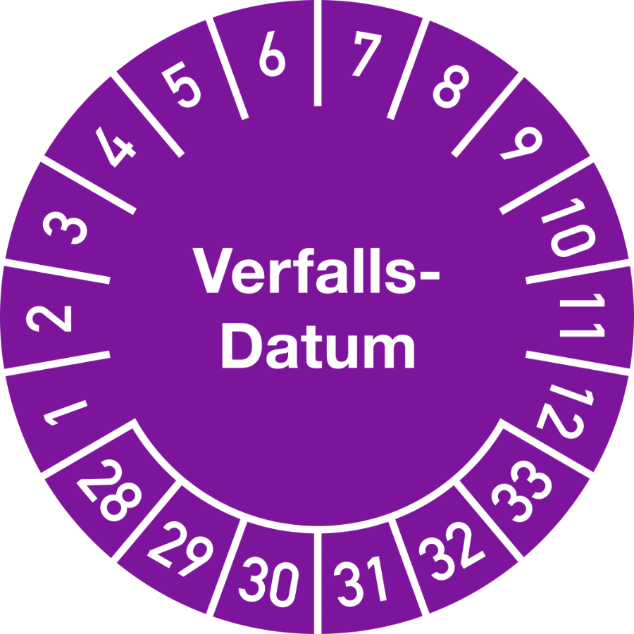 Prüfplakette Verfalls-Datum 2028–2033, Dokumentenfolie, Ø 25 mm