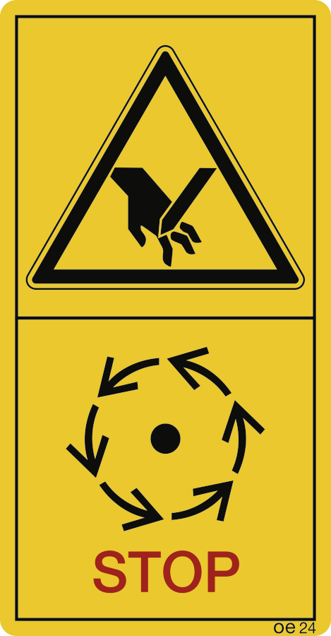 Maschinenteile nur dann berühren, wenn...(Hochformat), Warnzeichen, ISO 11684, 88x168 mm, Folie, 2 Stück/Bogen