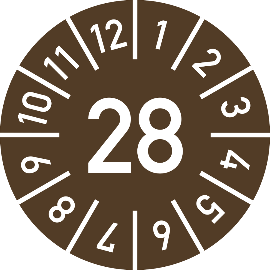 Prüfplakette Jahr 28 mit Monaten - braun, Ø 10 mm, Folie