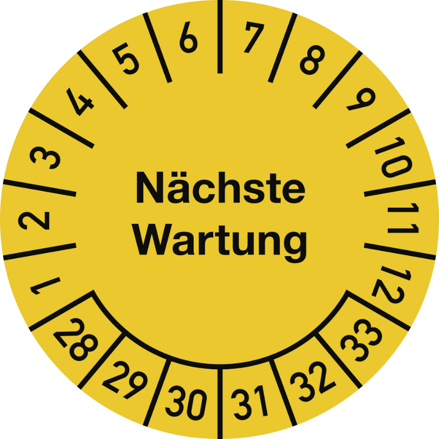Prüfplakette Nächste Wartung 2028–2033, Dokumentenfolie, Ø 25 mm