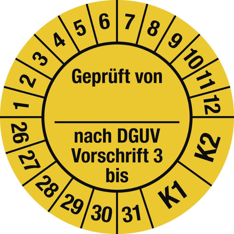Prüfplakette Geprüft von... nach DGUV Vorschrift 3 bis, K1/K2, 2026 - 2031, Ø 30 mm, Folie