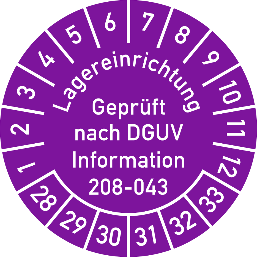 Prüfplakette Lagereinrichtung Geprüft nach DGUV Information 208-043 2028–2033, Folie, Ø 30 mm