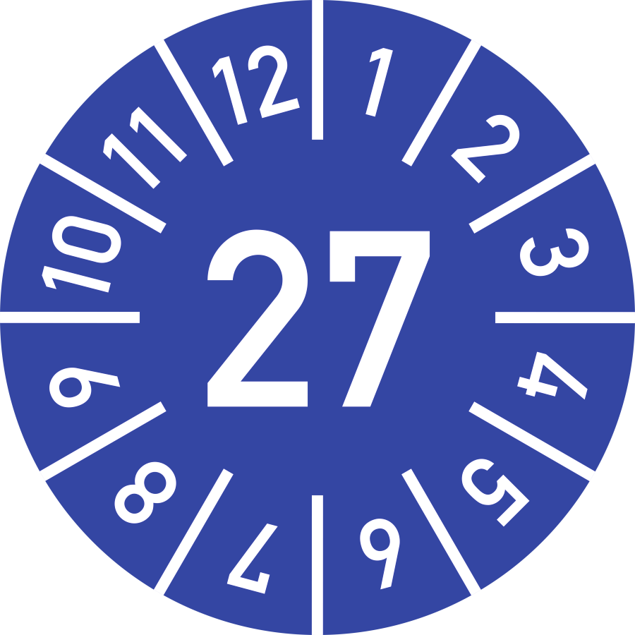 Prüfplakette Jahr 27 mit Monaten - blau, Ø 10 mm, Folie