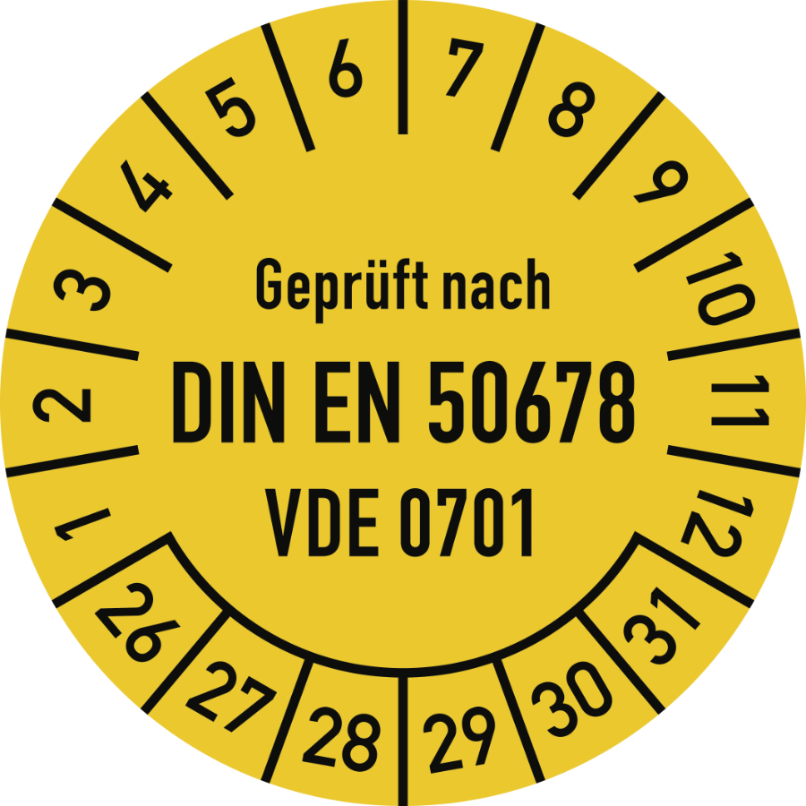 Prüfplakette Geprüft nach DIN EN 50678 - VDE 0701 2026–2031, Folie, Ø 30 mm