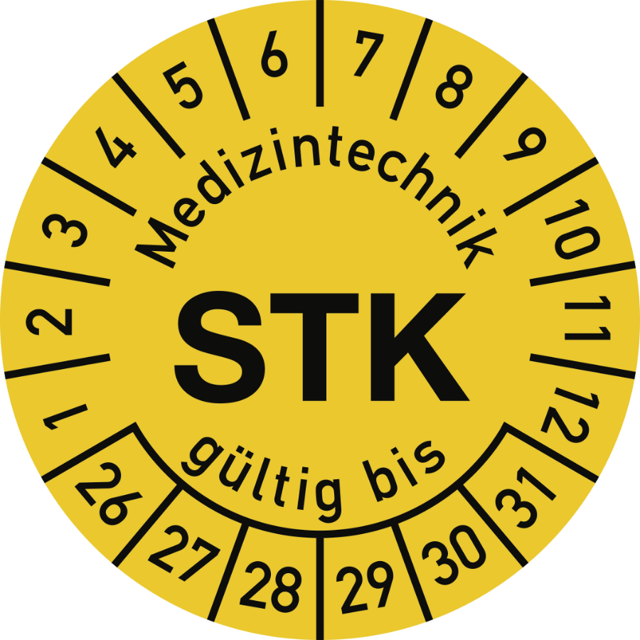 Prüfplakette Medizintechnik STK 2026–2031, Polyesterfolie, Ø 15 mm