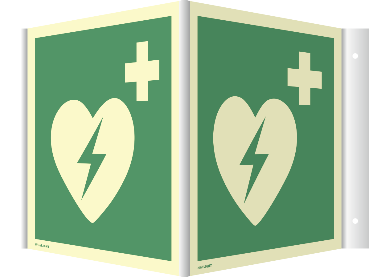 Winkelschild Automatisierter ext. Defibrillator (AED), Rettungszeichen, ISO 7010