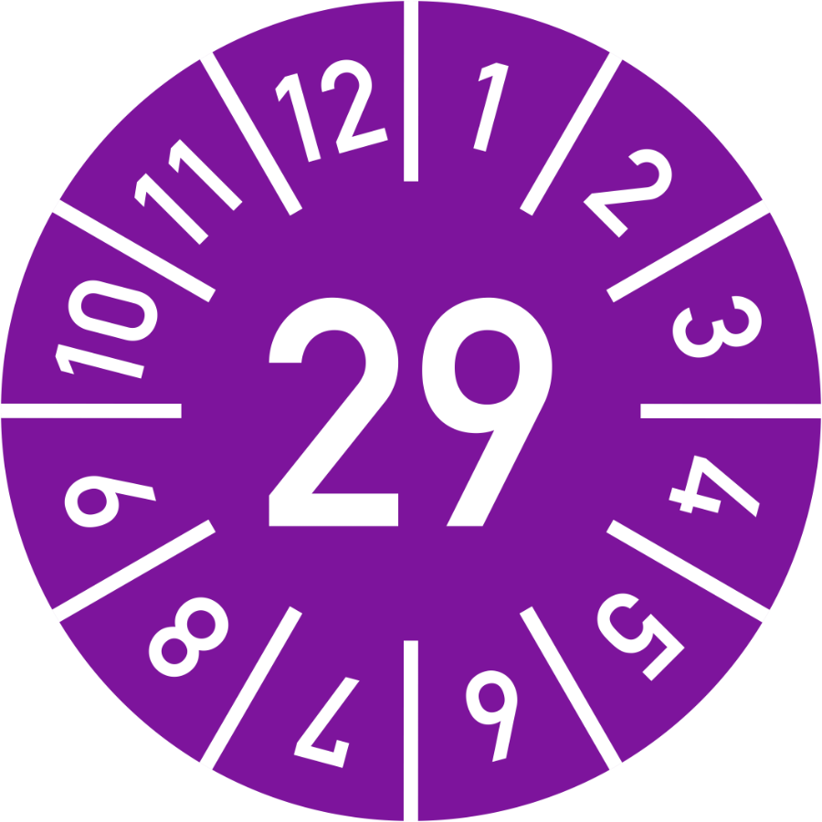 Prüfplakette Jahr 29 mit Monaten - violett, Ø 10 mm, Folie