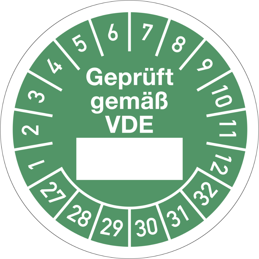 Prüfplakette Geprüft gemäß VDE 2027–2032, Folie, Ø 30 mm