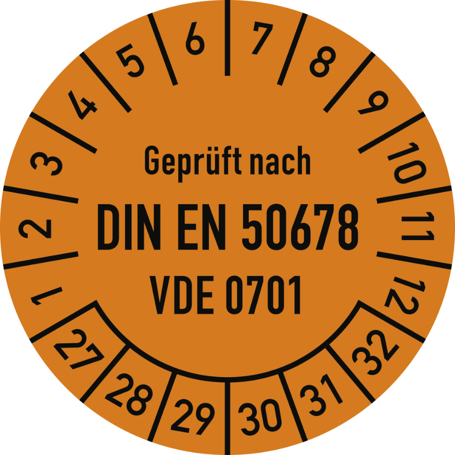 Prüfplakette Geprüft nach DIN EN 50678 - VDE 0701 2027–2032, Folie, Ø 30 mm