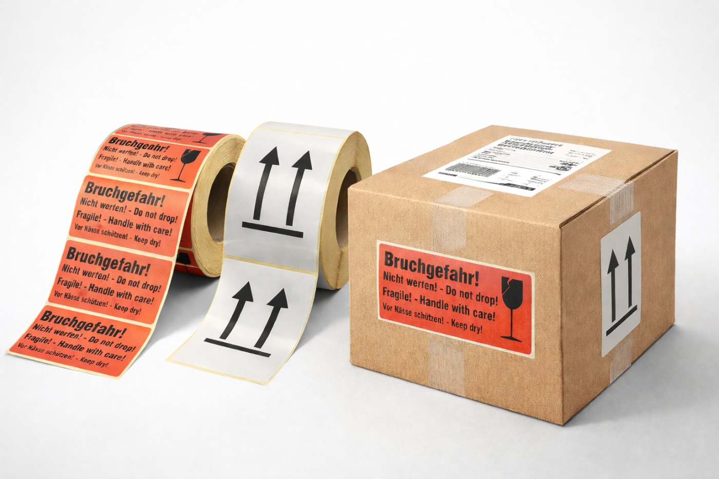 Paketaufkleber und Versandaufkleber – Warnetiketten, Ausrichtungspfeile und gekennzeichneter Versandkarton