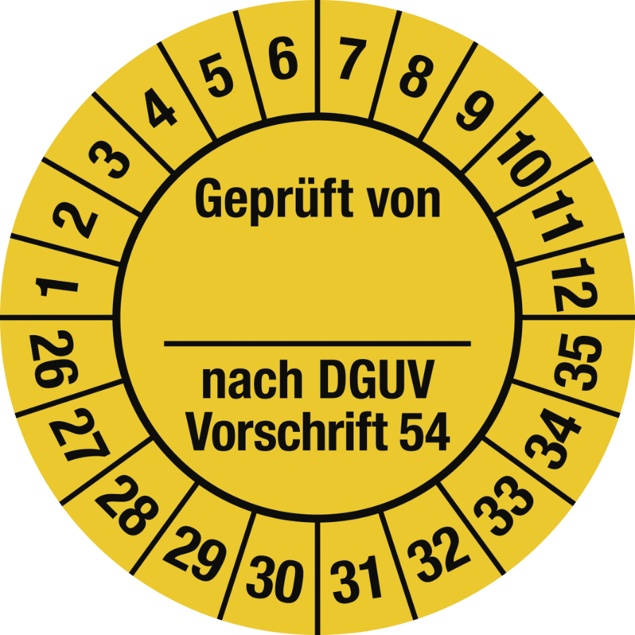 Prüfplakette Geprüft nach DGUV Vorschrift 54, 2026–2035, Folie, Ø 30 mm