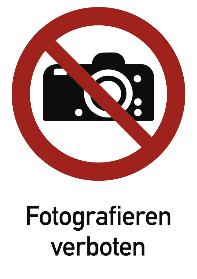 Fotografieren verboten, Verbotszeichen, ISO 7010, mit Text, 131x185 mm, Folie