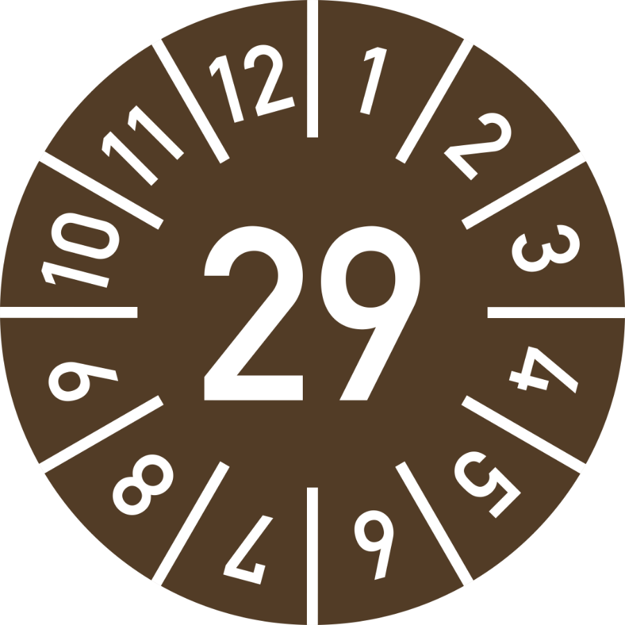 Prüfplakette Jahr 29 mit Monaten - braun, Ø 10 mm, Folie