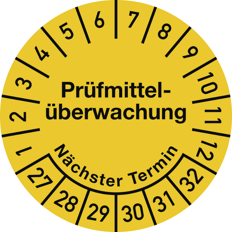 Prüfplakette Prüfmittelüberwachung Nächster Termin 2027–2032, Dokumentenfolie, Ø 30 mm