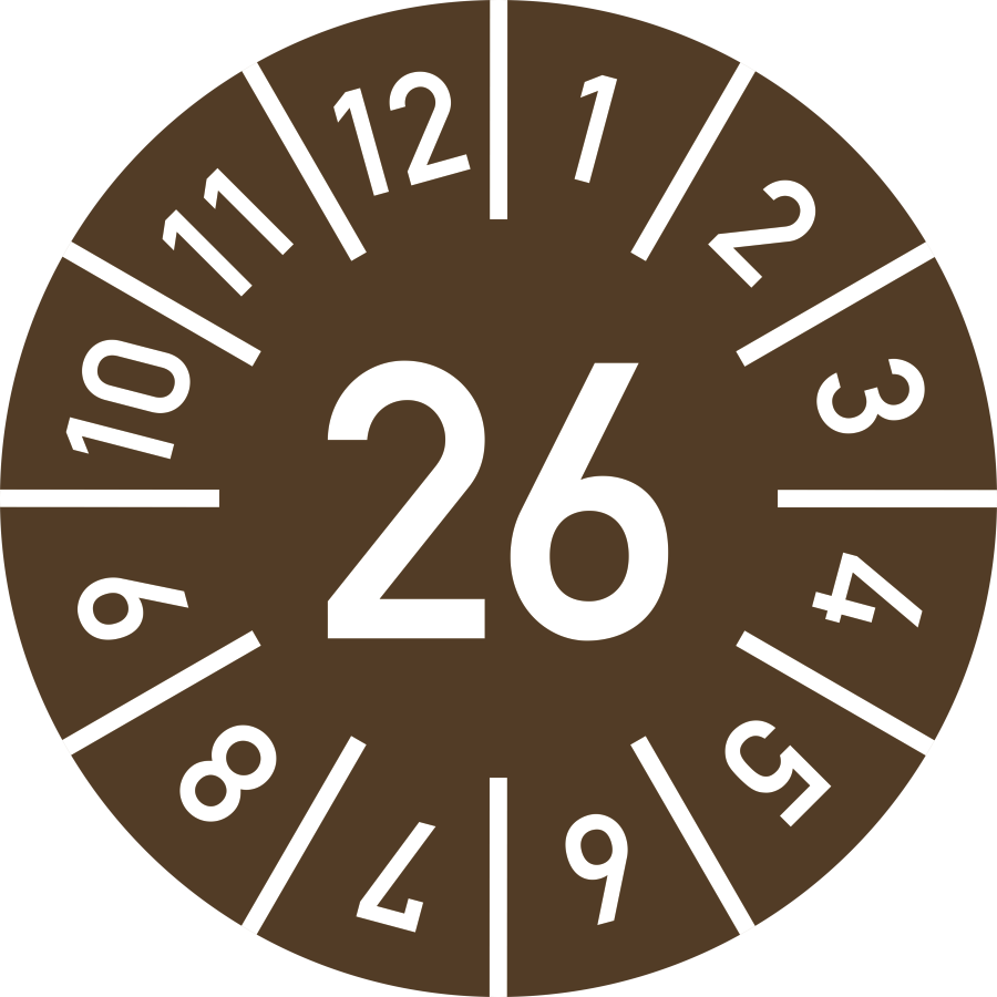Prüfplakette Jahr 26 mit Monaten - braun, Ø 10 mm, Folie