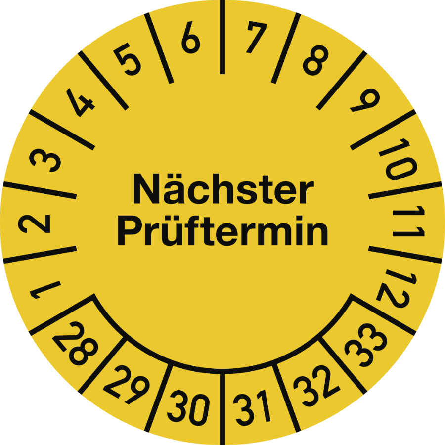 Prüfplakette Nächster Prüftermin 2028–2033, Folie, Ø 15 mm, 10 Stück/Bogen