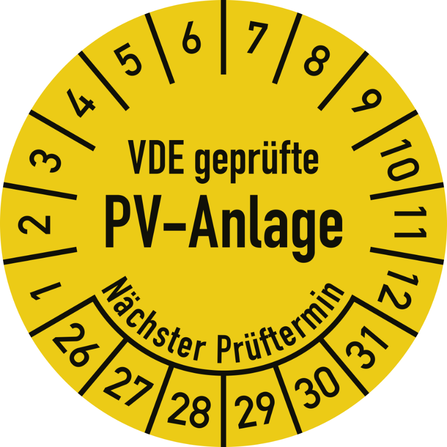 Prüfplakette VDE geprüfte PV-Anlage - Nächster Prüftermin 2026–2031, Folie, Ø 30 mm