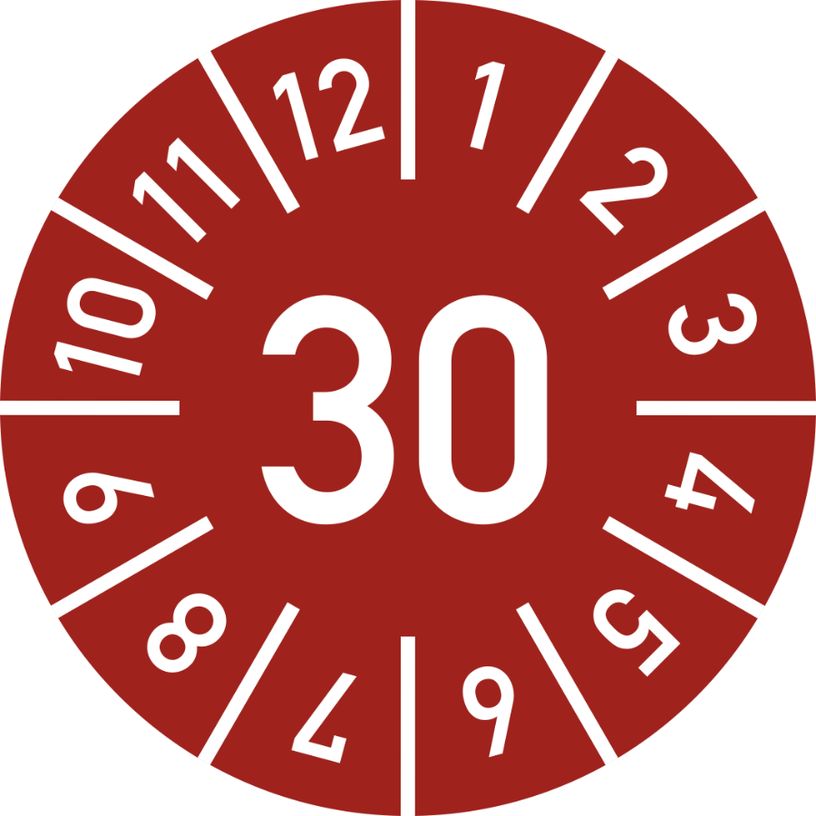 Prüfplakette Jahr 30 mit Monaten - rot, Ø 10 mm, Folie