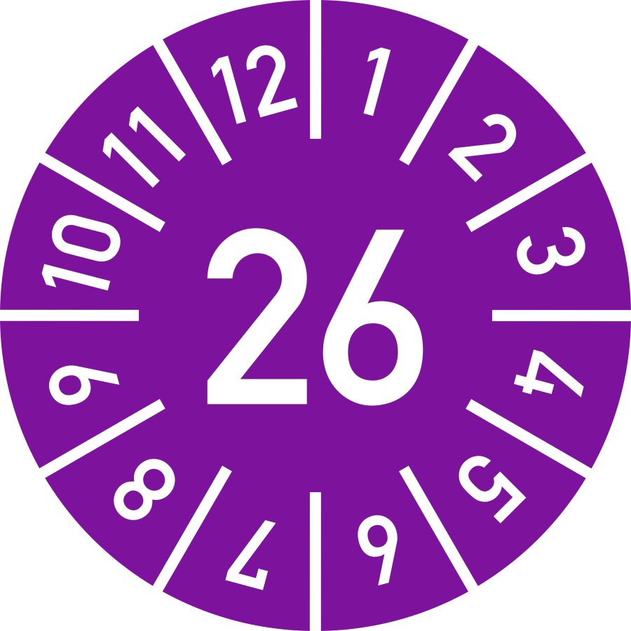 Prüfplakette Jahr 26 mit Monaten - violett, Ø 10 mm, Folie