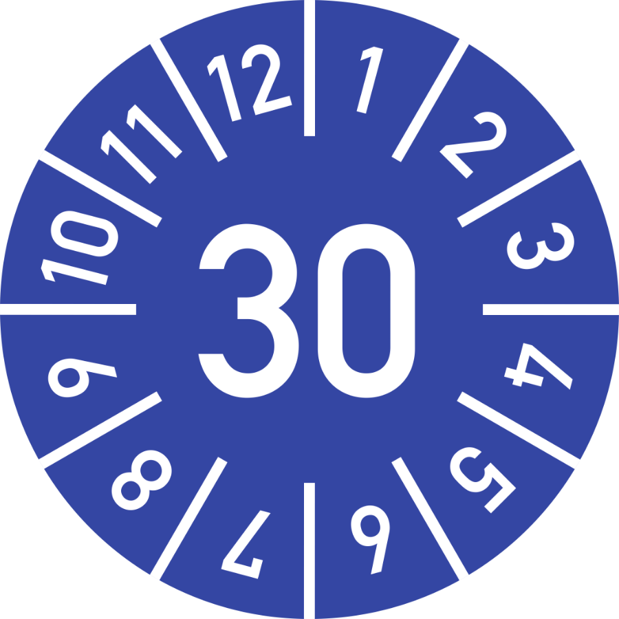 Prüfplakette Jahr 30 mit Monaten - blau, Ø 10 mm, Folie