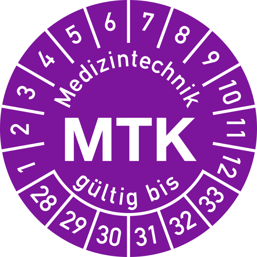 Prüfplakette Medizintechnik MTK 2028–2033, Polyesterfolie, Ø 15 mm