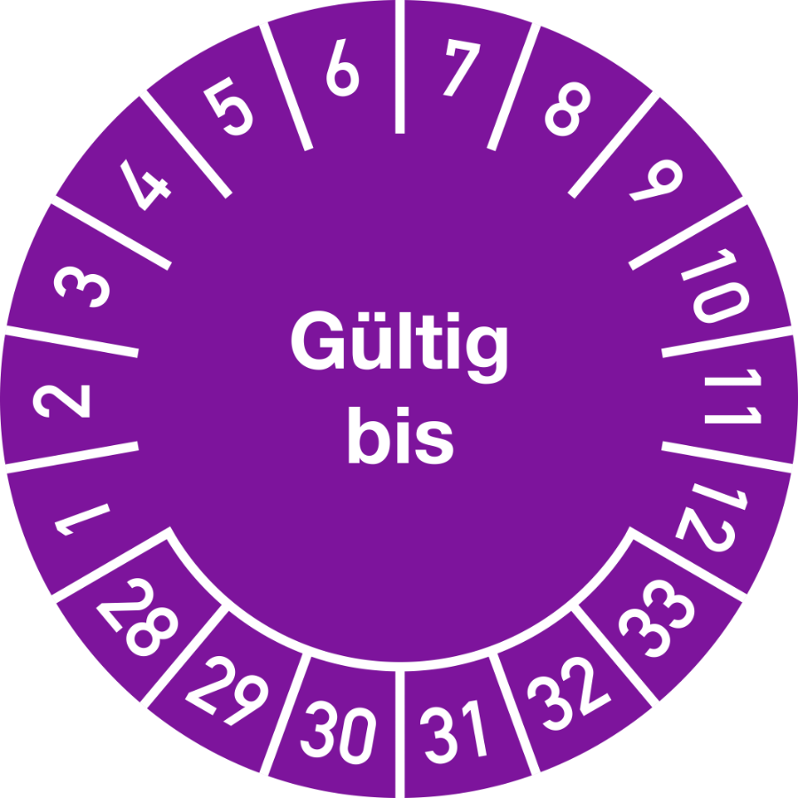Prüfplakette Gültig bis 2028–2033, Dokumentenfolie, Ø 25 mm