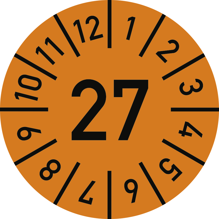 Prüfplakette Jahr 27 mit Monaten - orange, Ø 10 mm, Folie