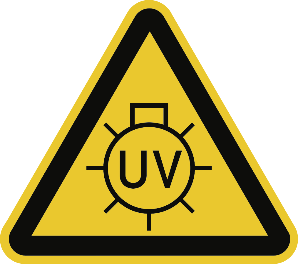 Warnung vor UV-Strahlung, Warnzeichen, 50 mm SL, Folie, 6 Stück/Bogen