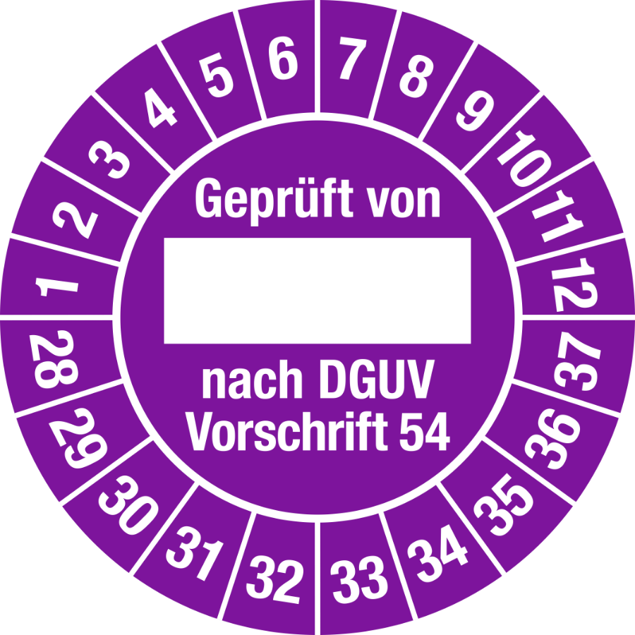Prüfplakette Geprüft nach DGUV Vorschrift 54, 2028–2037, Folie, Ø 30 mm