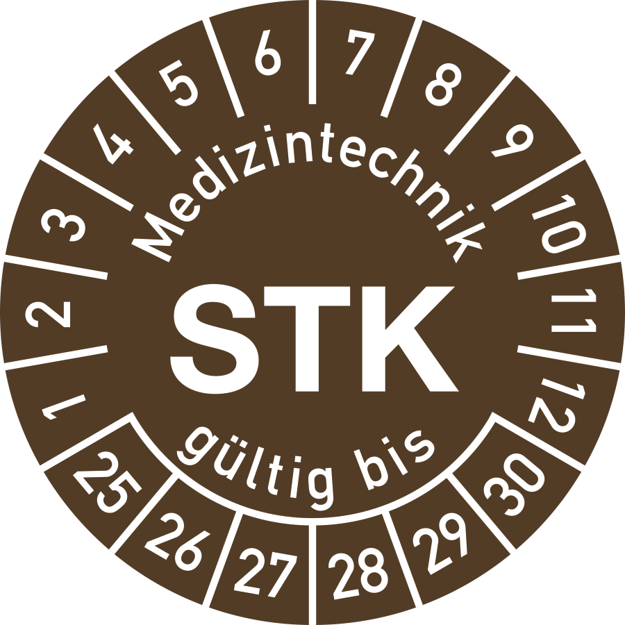 Prüfplakette Medizintechnik STK 2025–2030, Polyesterfolie, Ø 30 mm
