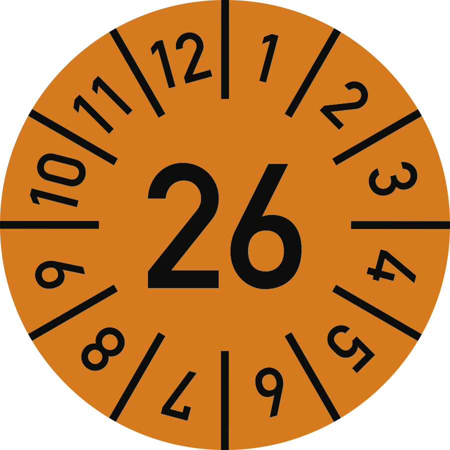 Prüfplakette Jahr 26 mit Monaten - orange, Ø 10 mm, Folie