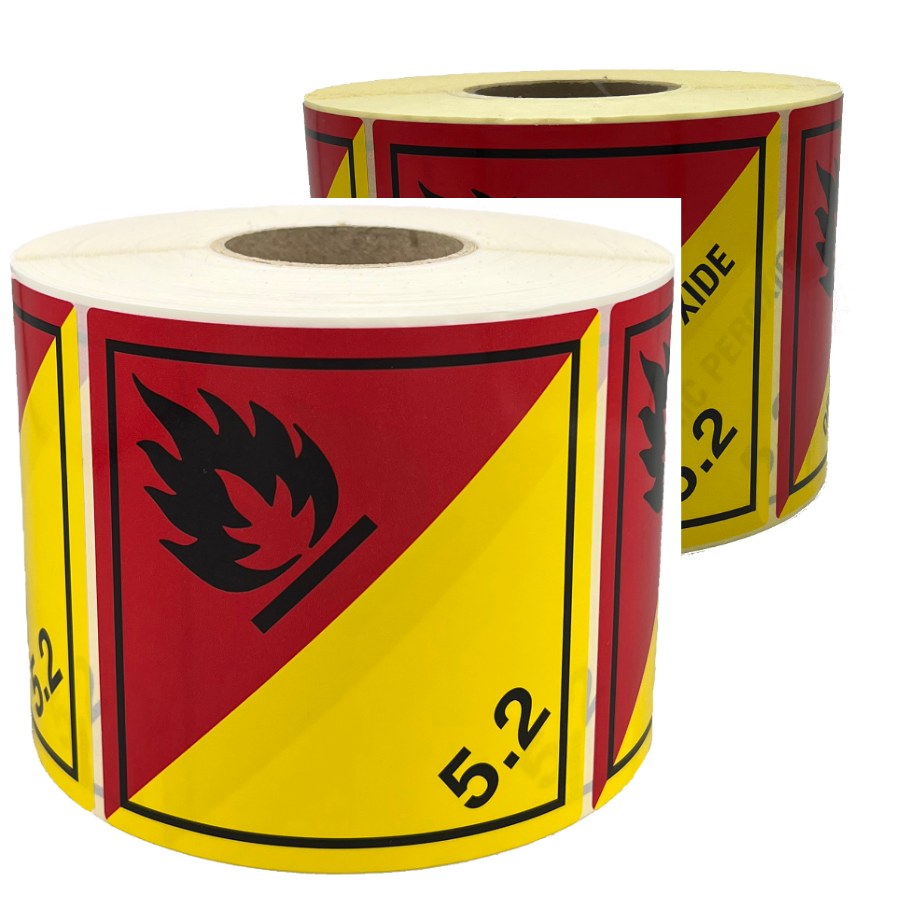 Gefahrgutaufkleber Klasse 5.2 auf Rolle, 10 x 10 cm – deutsche Fassung und englische Fassung Organic Peroxide