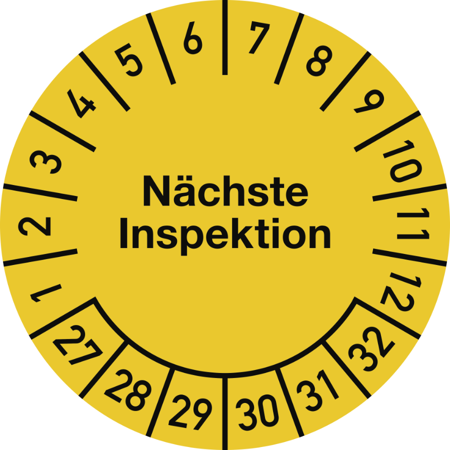 Prüfplakette Nächste Inspektion 2027–2032, Dokumentenfolie, Ø 30 mm