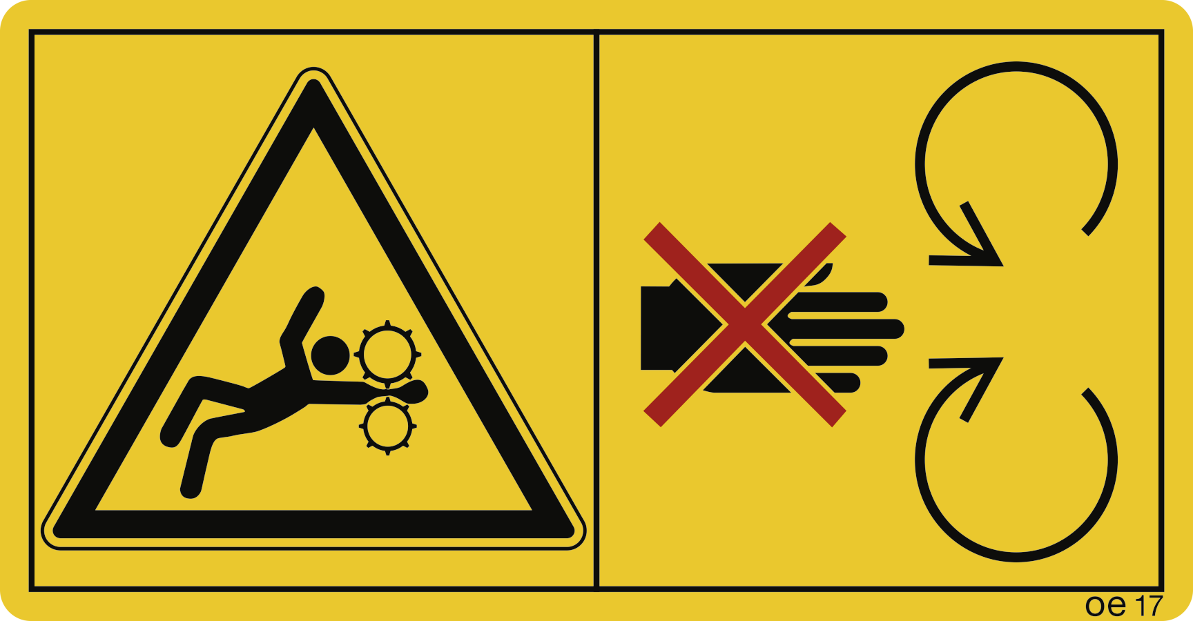 Ausreichend Abstand zu drehenden Maschinenteilen halten. (Querformat), Warnzeichen, ISO 11684, 168x88 mm, Folie, 2 Stück/Bogen