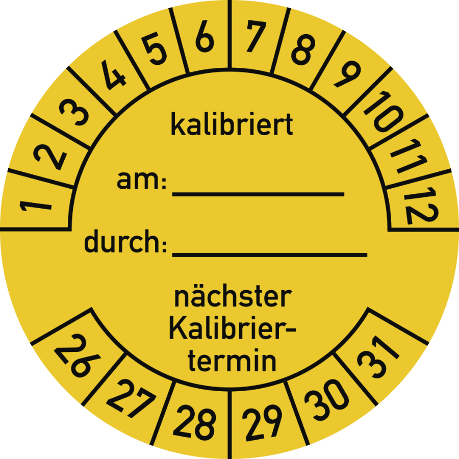 Prüfplakette Kalibriert am: durch: nächster Kalibriertermin 2026–2031, Folie, Ø 40 mm
