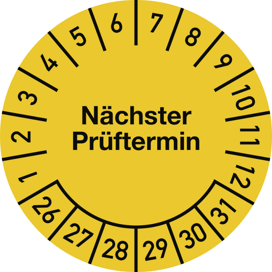 Prüfplakette Nächster Prüftermin 2026–2031, Jahresfarbe, Folie-Spezialkleber, Ø 30 mm, 10 Stück/Bogen