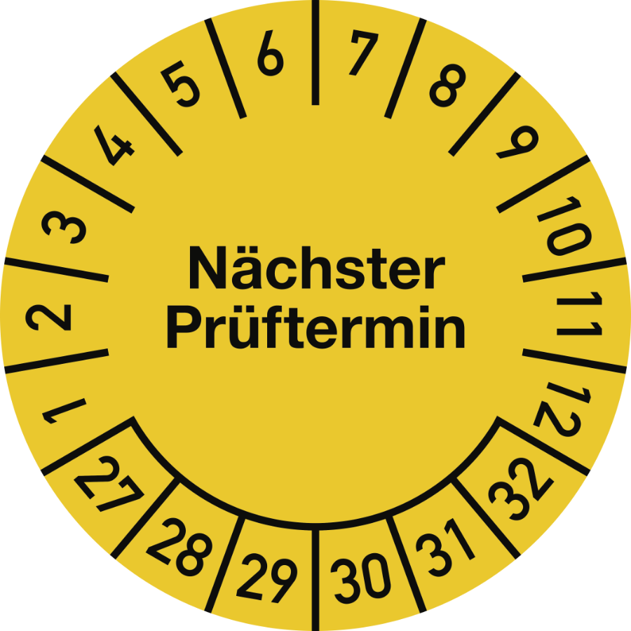 Prüfplakette Nächster Prüftermin 2027–2032, Folie, Ø 15 mm, 10 Stück/Bogen