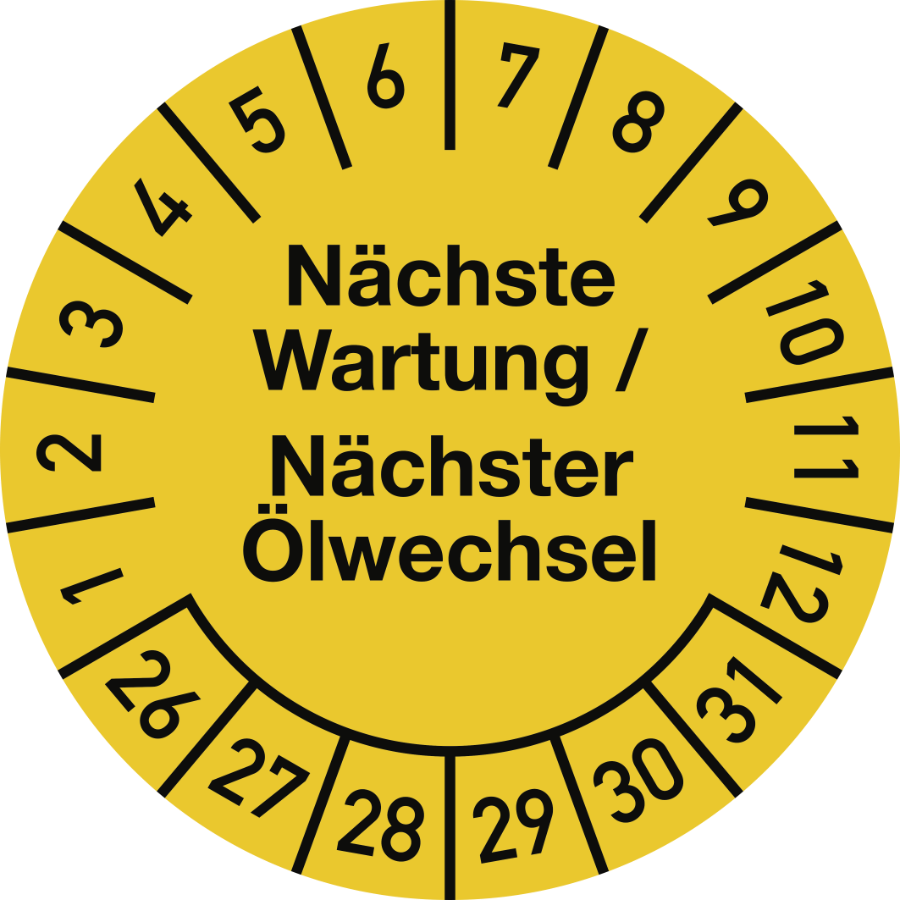 Prüfplakette Nächste Wartung/Nächster Ölwechsel 2026–2031, Dokumentenfolie, Ø 30 mm