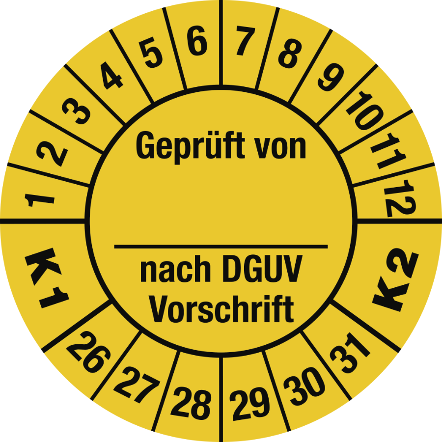 Prüfplakette Geprüft nach DGUV Vorschrift K1/K2, 2026–2031, Folie, Ø 30 mm
